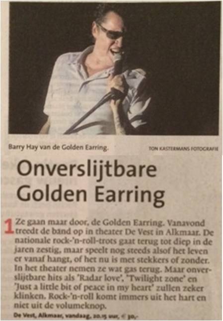 Golden Earring show newspaper ad November 02 2009 Alkmaar - De Vest